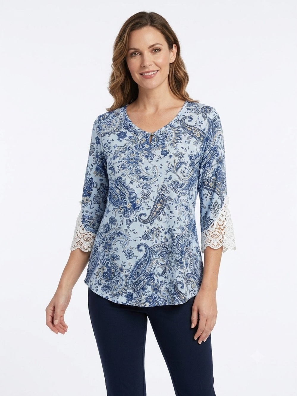 Blue Paisley Lace-Trim Top